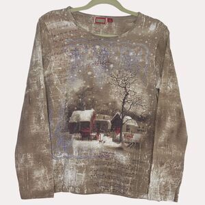 Holiday Traditions Christmas Shirt Knit Top Snow Log Cabin Tan M